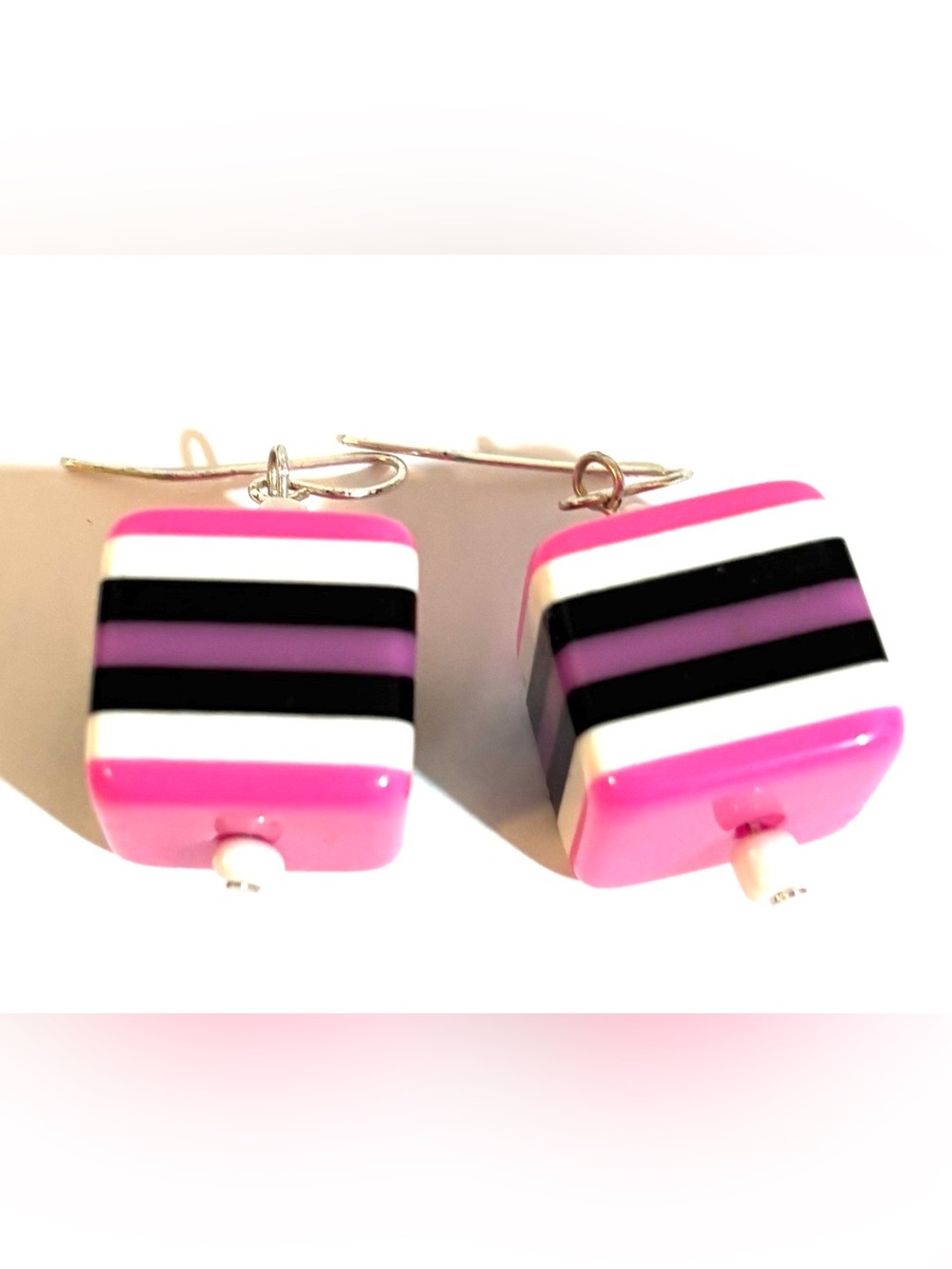 Bright Pink Striped Cube Drop Earrings - Women Jewelry